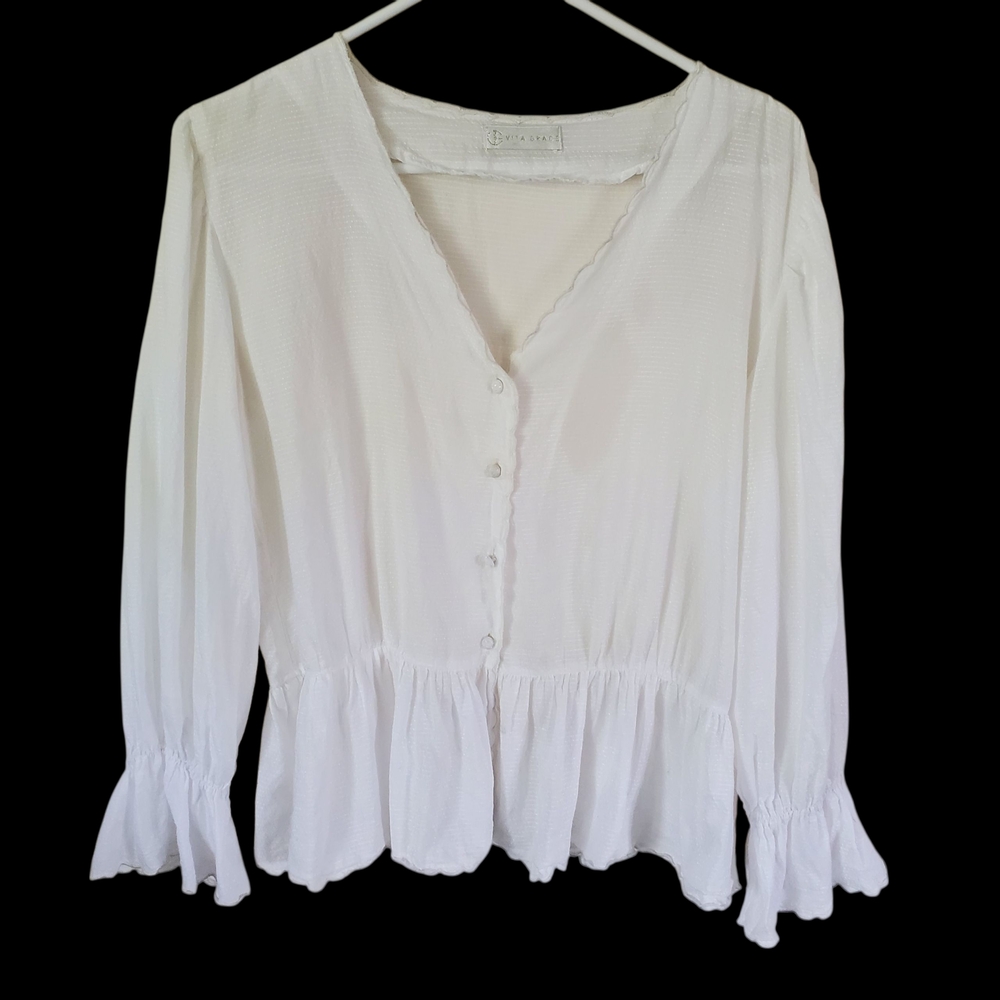 Vita Grace White Cotton Peplum‎ Blouse Sz S Scallop Edge Ruffle Sleeve Boho FLAW